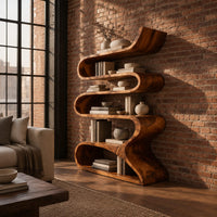 Serpentine bookshelf made from one folding ribbon of wood with open curved shelves in an industrial loft living room with exposed brick