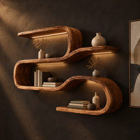 Wavy shelf unit with three flat levels joined by smooth looped bends, three-quarter view showing the grain