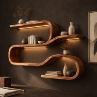 Corner detail of wavy shelf unit with three flat levels joined by smooth looped bends beside wood, brass and linen samples
