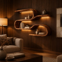 Wavy shelf unit with three flat levels joined by smooth looped bends in an evening living room with walnut wall paneling