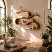 Wavy shelf unit with three flat levels joined by smooth looped bends in a bright living room with arched windows and plants