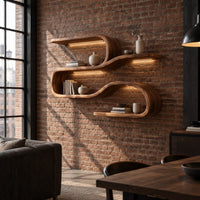 Wavy shelf unit with three flat levels joined by smooth looped bends in an industrial loft living room with exposed brick