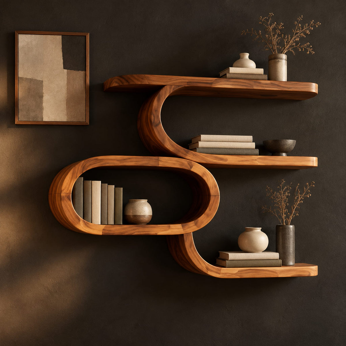Serpentine wall shelf with an open oval loop in the middle in a dark studio against a charcoal plaster wall