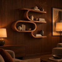 Serpentine wall shelf with an open oval loop in the middle in an evening living room with walnut wall paneling