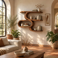 Serpentine wall shelf with an open oval loop in the middle in a bright living room with arched windows and plants