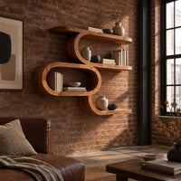 Serpentine wall shelf with an open oval loop in the middle in an industrial loft living room with exposed brick
