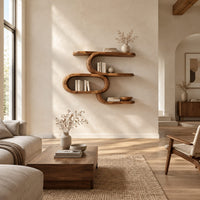 Serpentine wall shelf with an open oval loop in the middle in a bright open plan living room