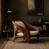 Shell back chair with oval side openings and splayed legs in a dark living room at golden hour