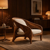 Shell back chair with oval side openings and splayed legs in an evening living room with walnut wall paneling