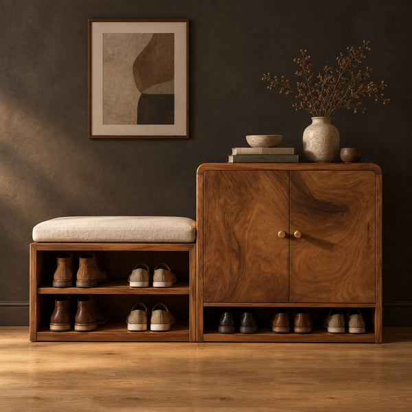Shoe Bench With Cushioned Seat And Two Door Cabinet