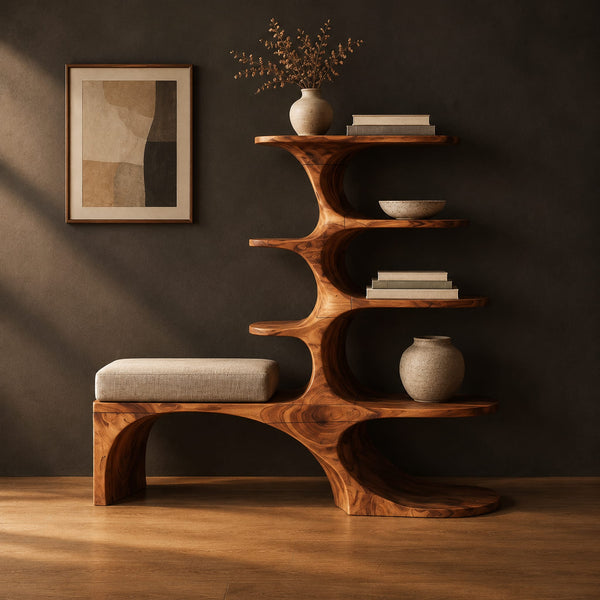 Shoe Bench With Tree Form Shelf Tiers And A Cushioned Seat
