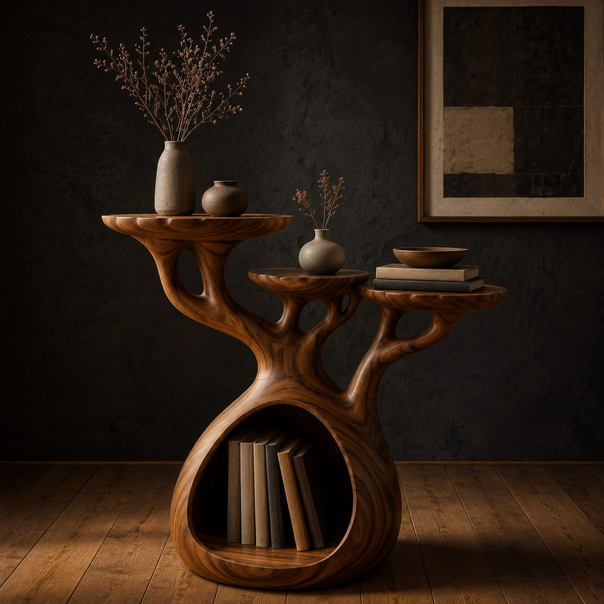 Tree form wood side table with three tops and a hollow base in a dark studio against a charcoal plaster wall