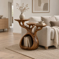 Tree form wood side table with three tops and a hollow base in a Scandinavian living room with white walls