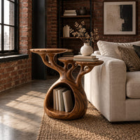Tree form wood side table with three tops and a hollow base in an industrial loft living room with exposed brick