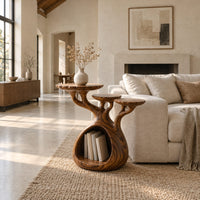 Tree form wood side table with three tops and a hollow base in a bright open plan living room