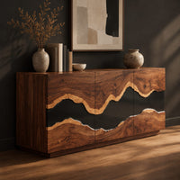 Sideboard with three tall doors and a dark wavy band across the front, three-quarter view showing the grain