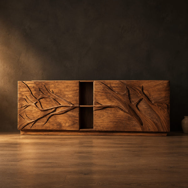 Sideboard With Carved Branch Doors And Open Center Bay