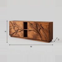 Sideboard With Carved Branch Doors And Open Center Bay dimension diagram with width, height and depth