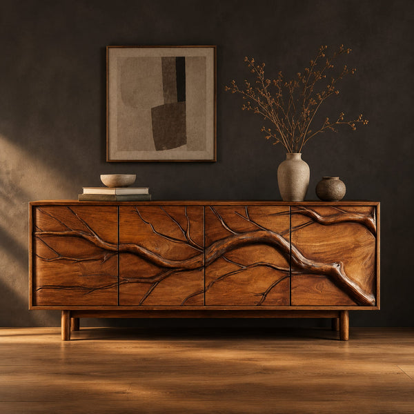 Sideboard With Carved Branch Relief Across Four Panels