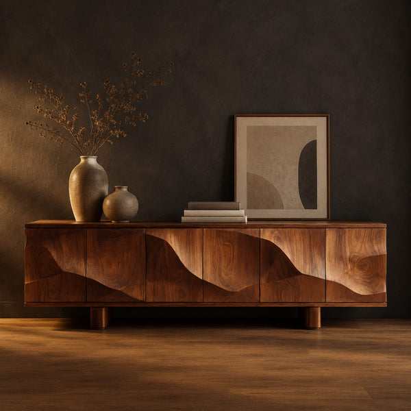 Sideboard With Flowing Carved Waves Across A Six Panel Front