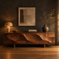 Sideboard on short block feet with flowing carved ridges across the front in a dark dining room at golden hour