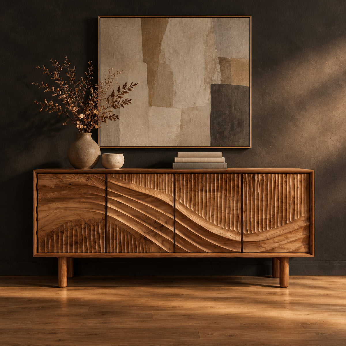 Sideboard with fluted wave carved doors on straight legs in a dark studio against a charcoal plaster wall