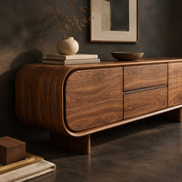 Corner detail of long sideboard with soft oval ends and a four panel front beside wood, brass and linen samples