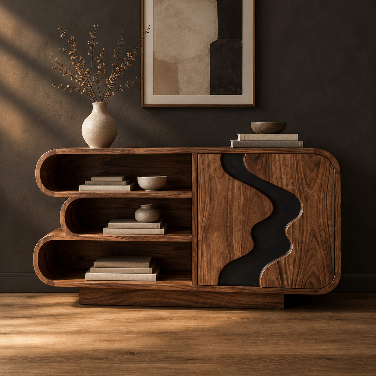 Sideboard with three stacked open shelves and a black wave inlay door in a dark studio against a charcoal plaster wall