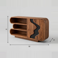 Sideboard With Stacked Open Shelves And Black Wave Inlay Door dimension diagram with width, height and depth