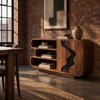Sideboard with three stacked open shelves and a black wave inlay door in an industrial loft dining room with exposed brick