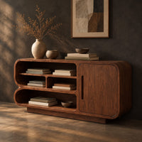 Sideboard with three tiers of open shelves beside a single slot pull door, three-quarter view showing the grain