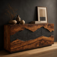 Boxy wooden sideboard with a wavy dark band across three front panels, three-quarter view showing the grain