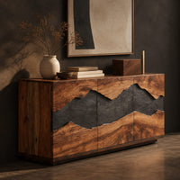 Corner detail of boxy wooden sideboard with a wavy dark band across three front panels beside wood, brass and linen samples