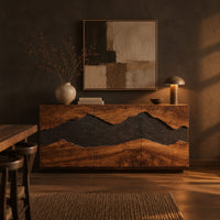 Boxy wooden sideboard with a wavy dark band across three front panels in a dark dining room at golden hour