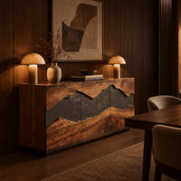 Boxy wooden sideboard with a wavy dark band across three front panels in an evening dining room with walnut wall paneling