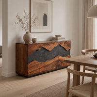 Boxy wooden sideboard with a wavy dark band across three front panels in a Scandinavian dining room with white walls