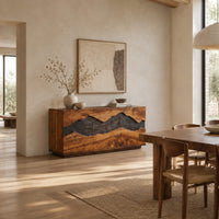 Boxy wooden sideboard with a wavy dark band across three front panels in a bright open plan dining room