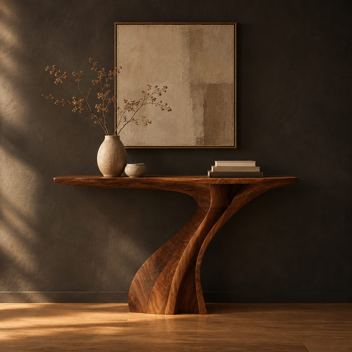 Console table on a single sculpted pedestal that twists up to the top in a dark studio against a charcoal plaster wall