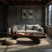Long dark slab coffee table with a carved bowl in a concrete and timber loft