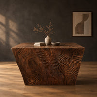 Rectangular slab dining table with tapered carved end panels in a dark studio against a charcoal plaster wall