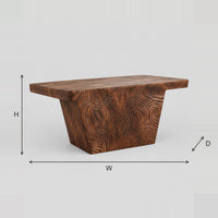 Slab Dining Table With Tapered Ends And Deeply Carved Grain dimension diagram with width, height and depth