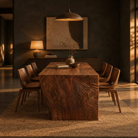 Rectangular slab dining table with tapered carved end panels in a dark dining room at golden hour