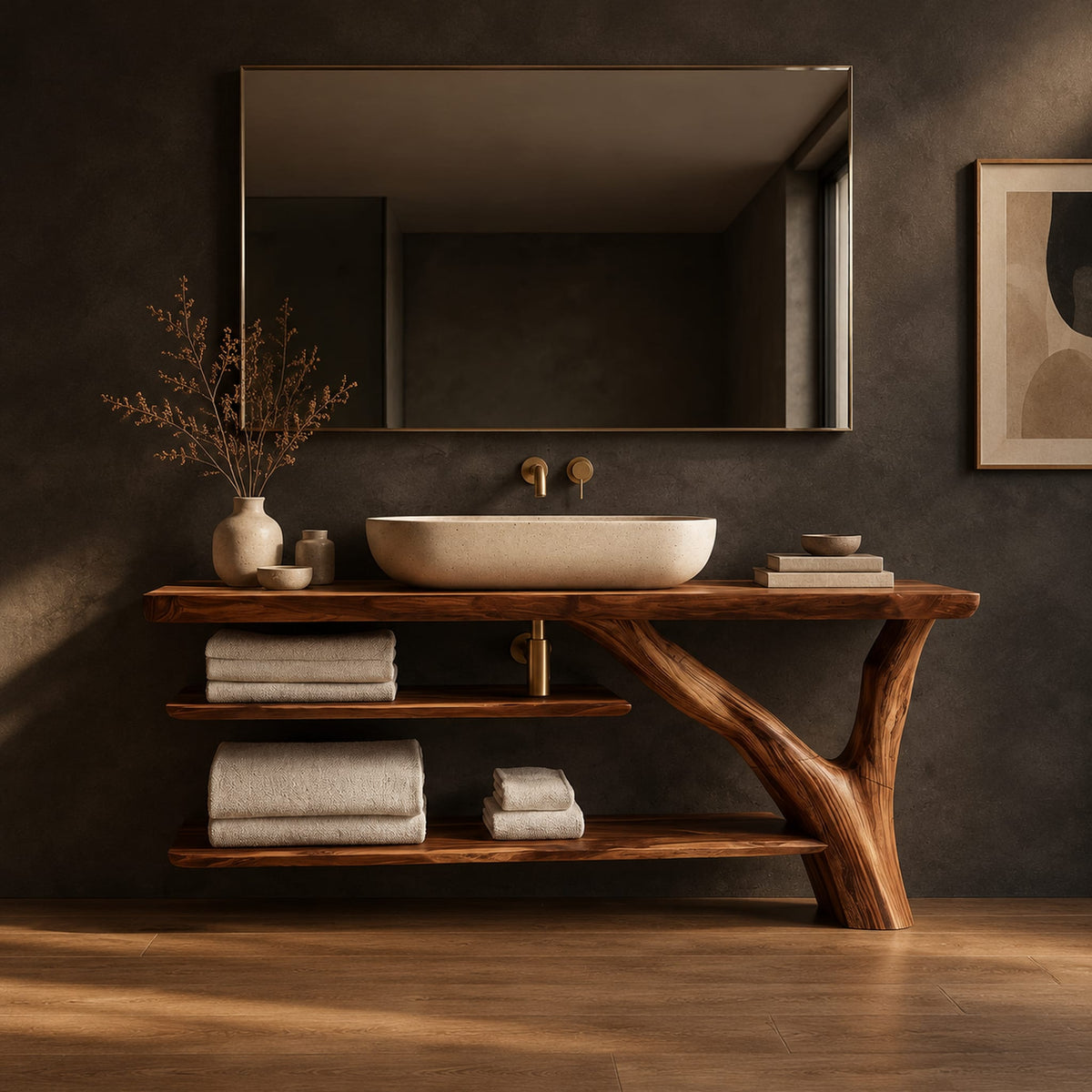 Slab top bathroom vanity on a branch leg with two open shelves in a dark studio against a charcoal plaster wall
