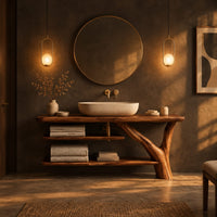 Slab top bathroom vanity on a branch leg with two open shelves in a dark bathroom at golden hour