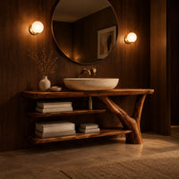 Slab top bathroom vanity on a branch leg with two open shelves in an evening bathroom with walnut wall paneling