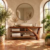 Slab top bathroom vanity on a branch leg with two open shelves in a bright bathroom with arched windows and plants