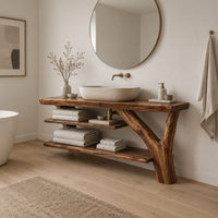 Slab top bathroom vanity on a branch leg with two open shelves in a Scandinavian bathroom with white walls