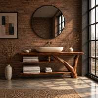 Slab top bathroom vanity on a branch leg with two open shelves in an industrial loft bathroom with exposed brick