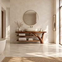 Slab top bathroom vanity on a branch leg with two open shelves in a bright open plan bathroom