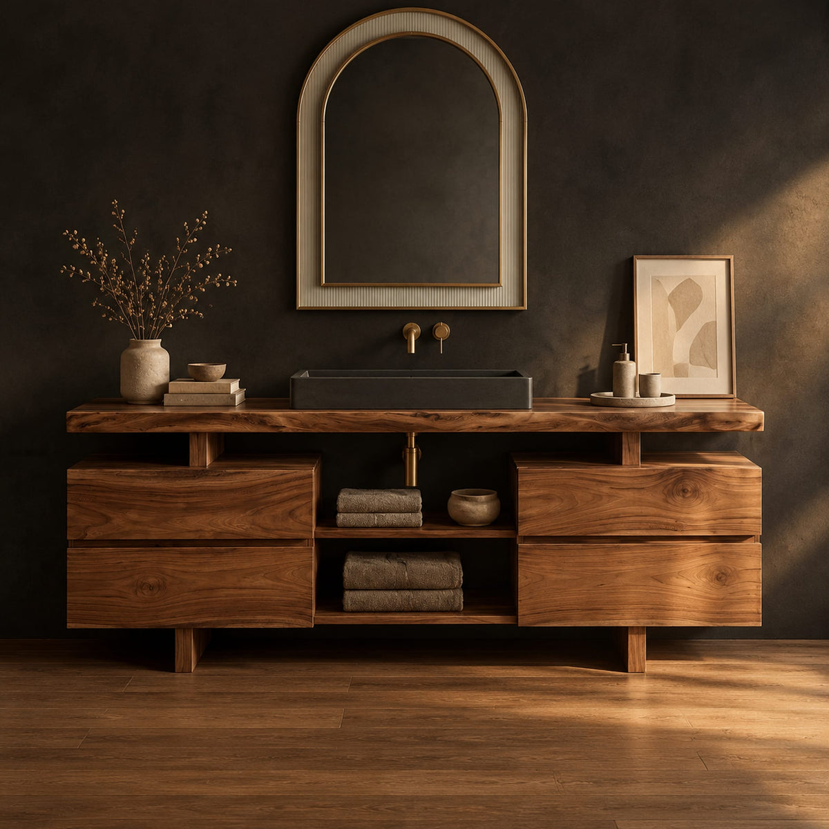 Slab top bathroom vanity with two drawer stacks and an open towel shelf in a dark studio against a charcoal plaster wall